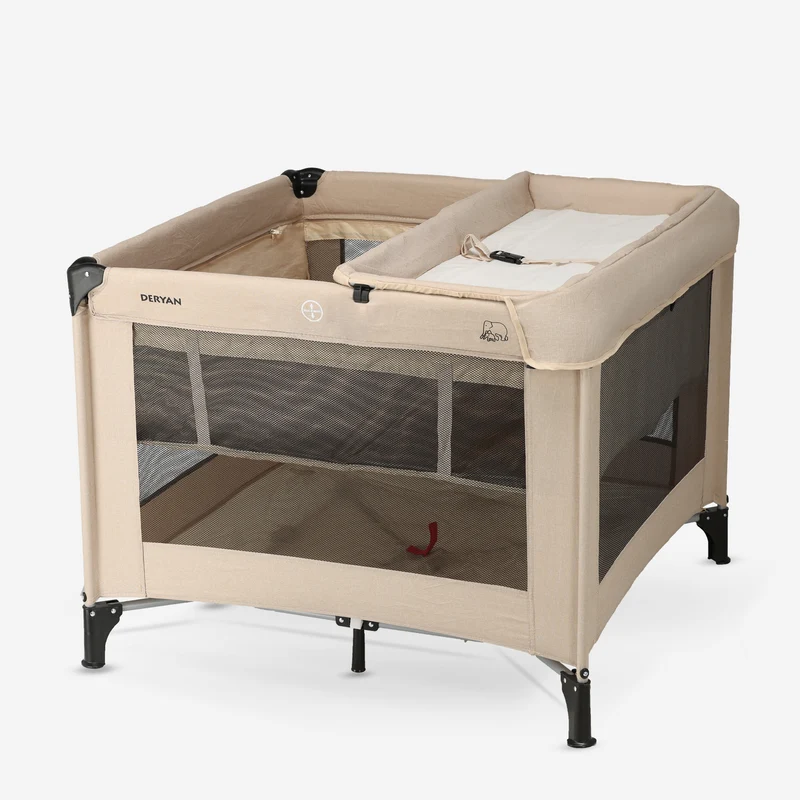 Hopfällbar lekhage 100 x 100 cm – Med skötbädd – Nougat
