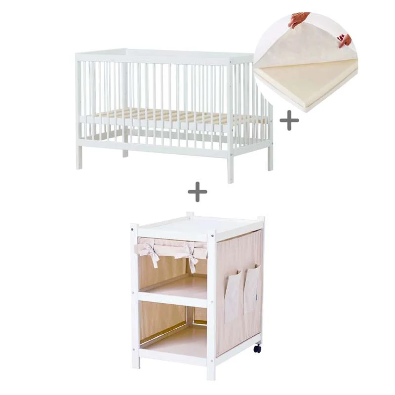 Hoppekids IDA-MARIE Bundle - Cot with Linen Mattress and IDA-MARIE Changing Table with Curtain - Sand