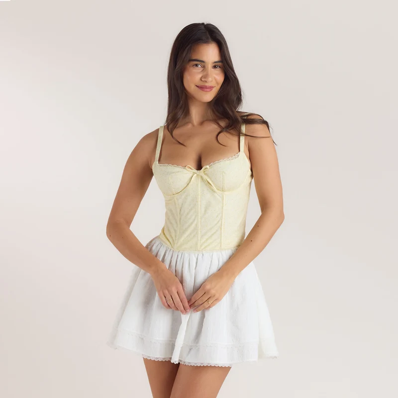 Lace Trim Korsettop - Blommig Citrongul