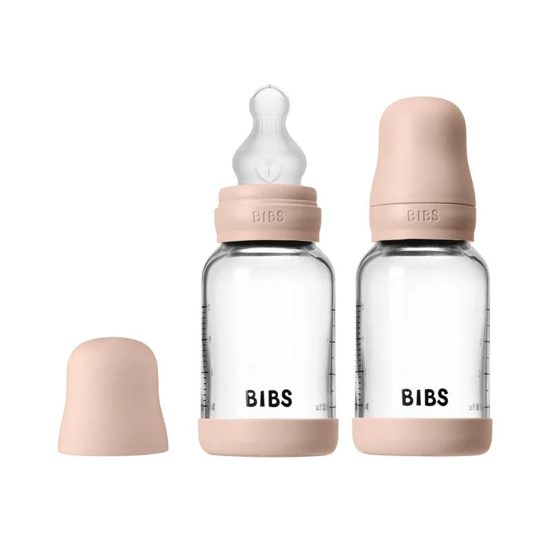 BIBS Flaska - nappflaskset - glas - 2-pack - silikon/långsam flöde/rund - 120 ml - Blush