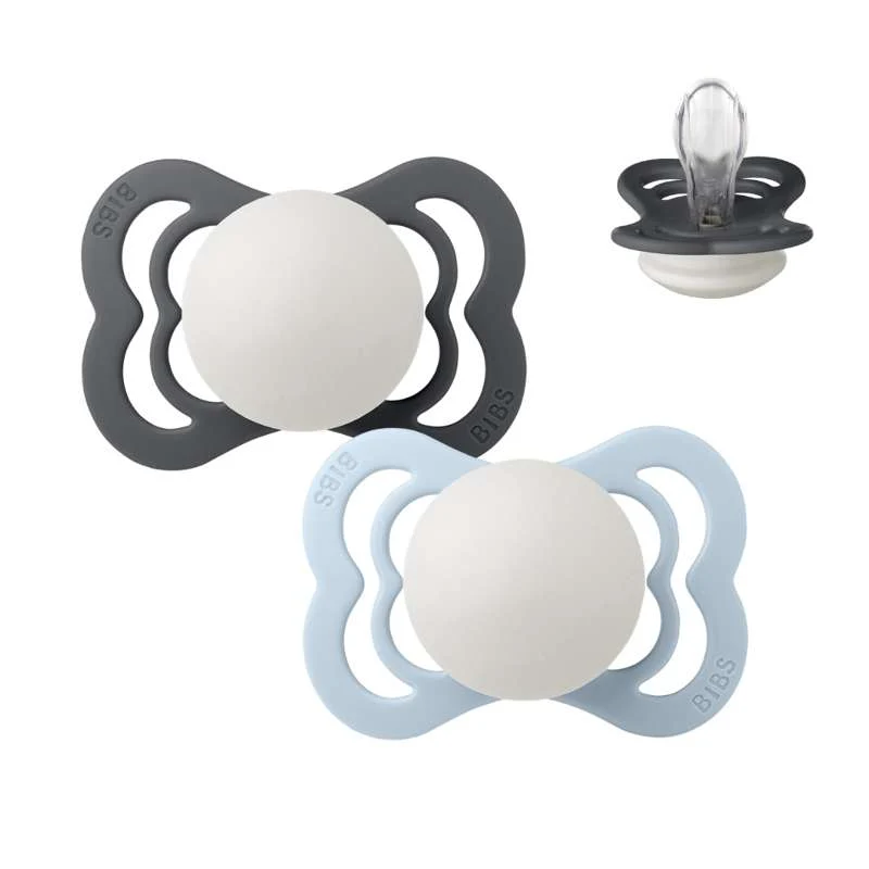 BIBS Symmetrisk Supreme Sut - 2-Pak - Str. 1 - Silikone - GLOW - Iron/Baby Blue