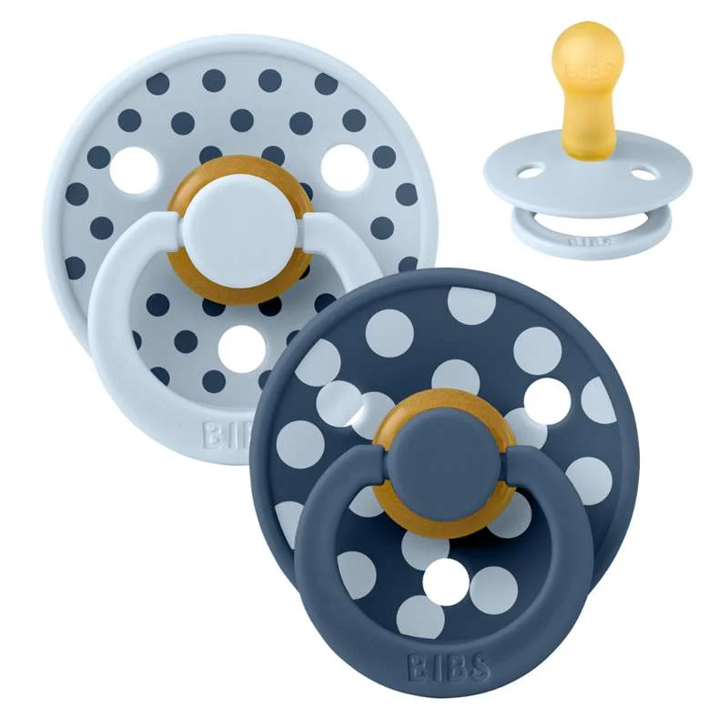 BIBS Rund färg napp - 2-pack - strl. 2 - naturgummi - Polka Studio - Baby Blue/Steel Blue