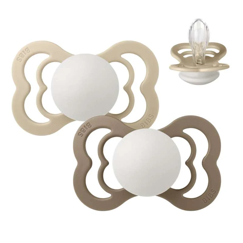 BIBS Symmetrical Supreme pacifier - 2-Pack - sz. 2 - Silicone - GLOW - Vanilla/Dark Oak