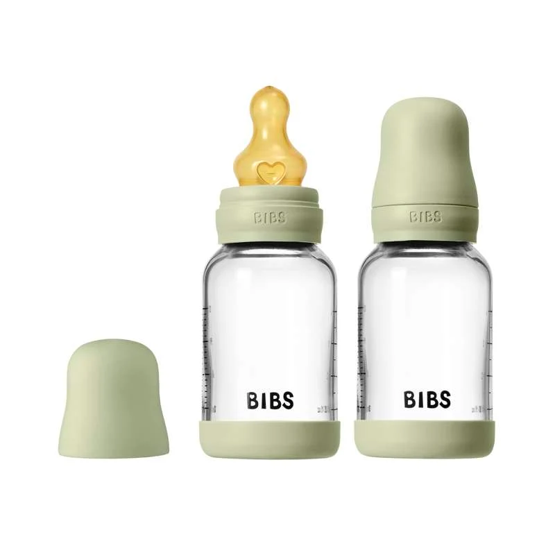 BIBS Flaska - Nappflasksset - Glas - 2-pack - naturgummi/Slow Flow/Rund - 120 ml - Sage