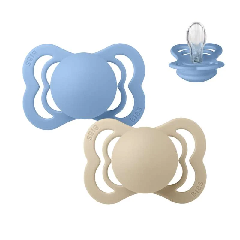 BIBS Symmetric Supreme pacifier - 2-Pack - sz. 1 - Silicone - Vanilla/Sky Blue