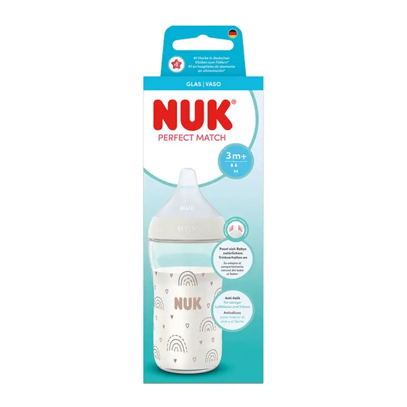 NUK Perfect Match Glass Baby Bottle 230 ml, M Teat, 3m+, Rainbow