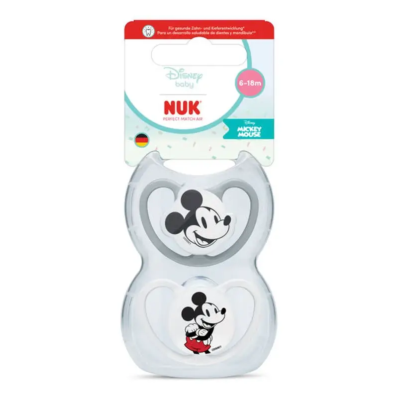 NUK Perfect Match Air Silicone Dummy T2 6–18 months Mickey Mouse Grey/White, 2 pcs