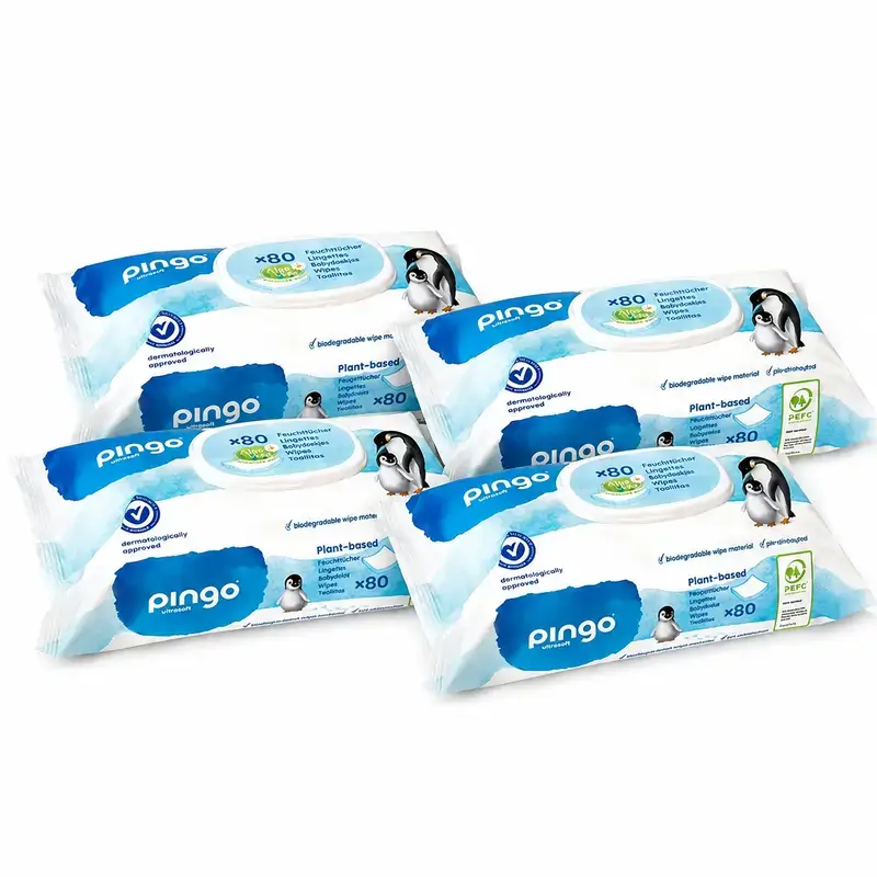 Pingo Biodegradable Wipes, Pack of 4 x 80