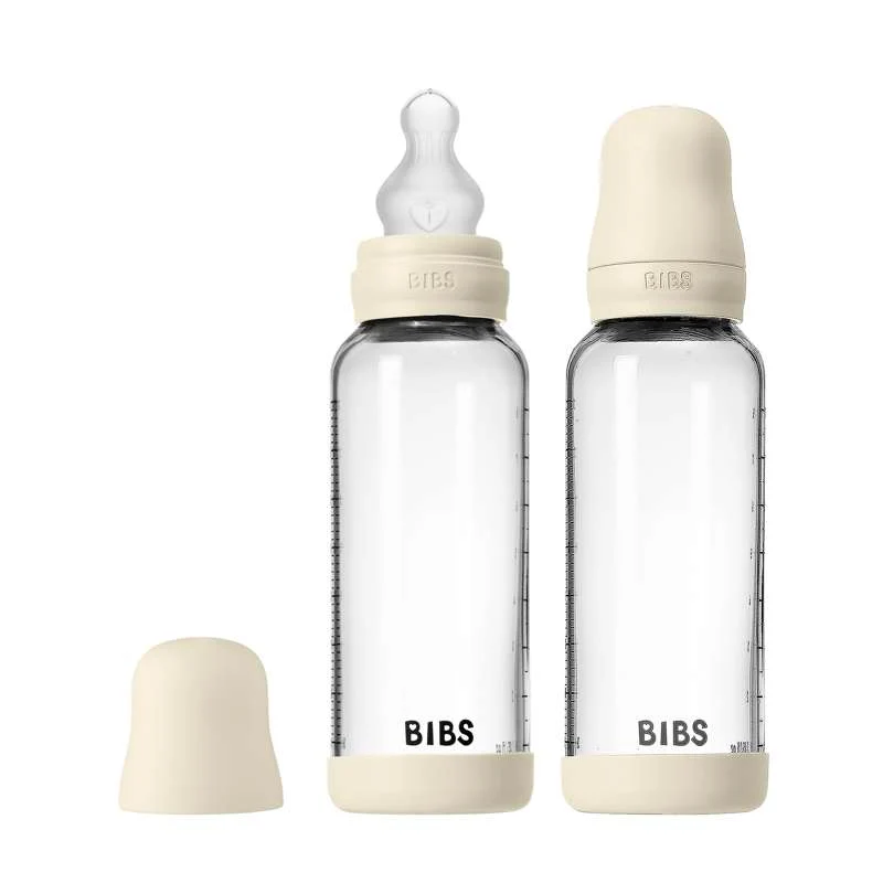 BIBS Flaska - nappflasksset - glas - 2-pack - silikon/slow flow/rund - 240 ml - Ivory