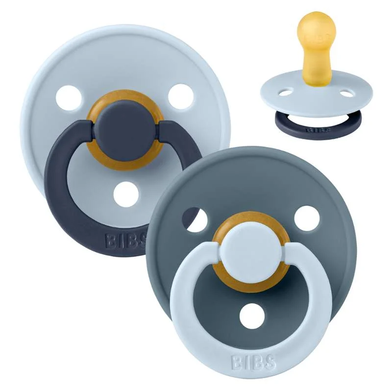 BIBS Round Colour Pacifier - Size 2 - Natural Rubber - Fusion Studio - Baby Blue/Petrol Mix