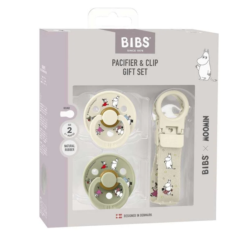 BIBS Rund Colour napp - 2-Pack - strl. 2 - naturgummi - m. Selen snöre - Mumin - Elfenben/Salvia