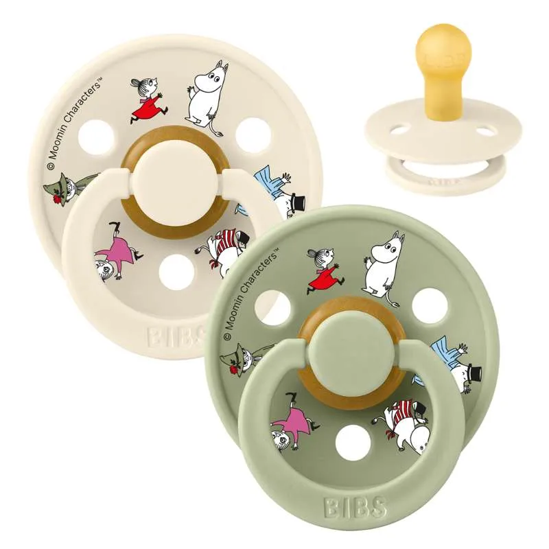 BIBS Rund Colour napp - 2-Pack - strl. 1 - naturgummi - Mumin - Vänner - Elfenben Mix