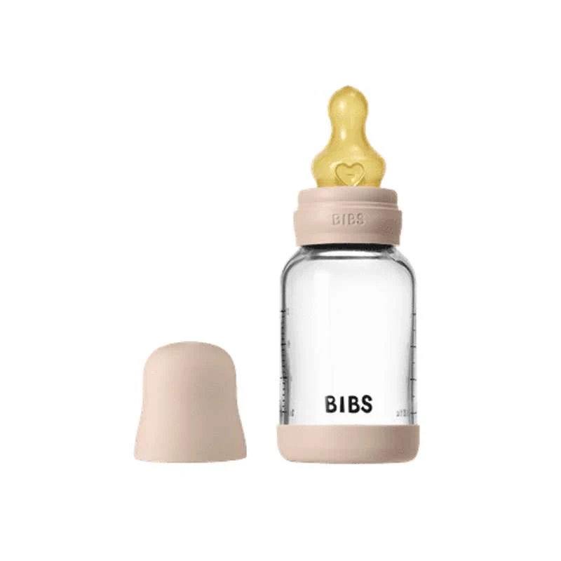BIBS Bottle - Baby Bottle Set - Glass - Natural Rubber/Slow Flow/Round - 120ml - Blush