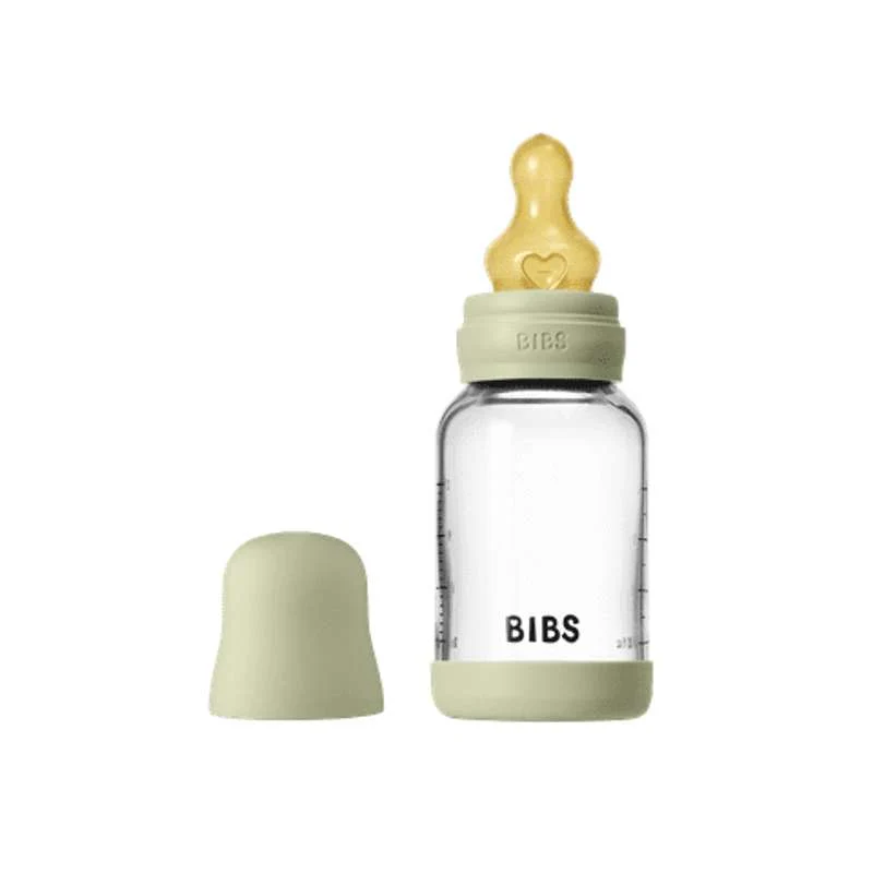BIBS Bottle - Nappflaskset - Glas - Naturgummi/Slow Flow/Rund - 120ml - Sage