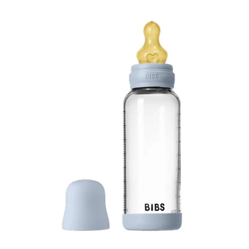 BIBS Bottle - Sutteflaskesæt - Glas - Naturgummi/Medium Flow/Rund - 240ml - Baby Blue