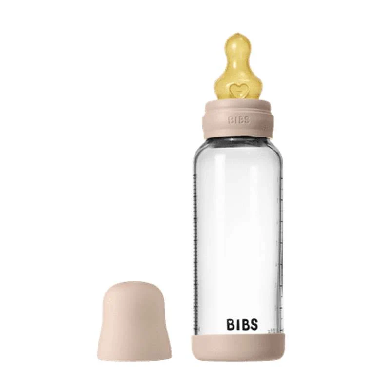 BIBS Bottle - Baby Bottle Set - Glass - Natural Rubber/Medium Flow/Round - 240ml - Blush