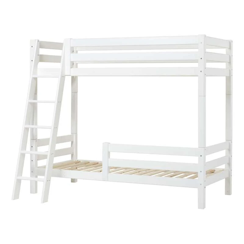 Hoppekids ECO Luxury - High Bunk Bed - 90x200 cm. - Two Bed rails and Slanted Ladder - Flexible Mattress Base - White