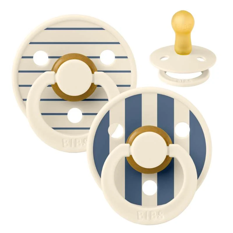 BIBS Round Colour Pacifier - 2-Pack - Size 2 - Natural Rubber - Pin Studio - Ivory/Steel Blue