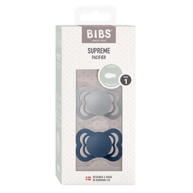 BIBS Symmetrical Supreme Pacifier - 2-Pack - Size 1 - Silicone - Cloud/Steel Blue