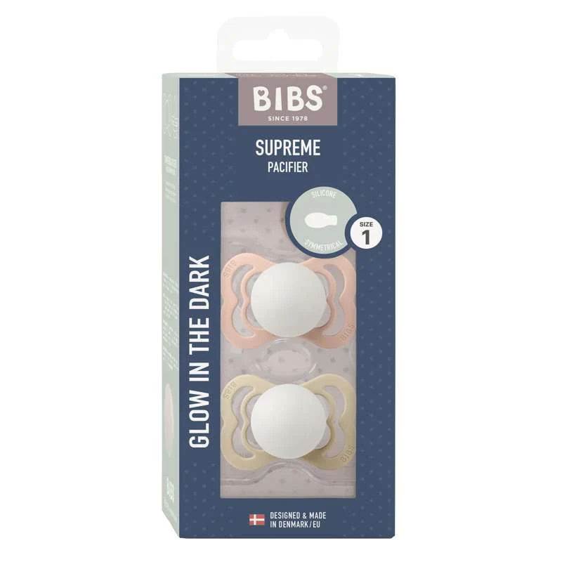 BIBS Symmetrical Supreme Pacifier - 2-Pack - Size 1 - Silicone - GLOW - Blush/Vanilla