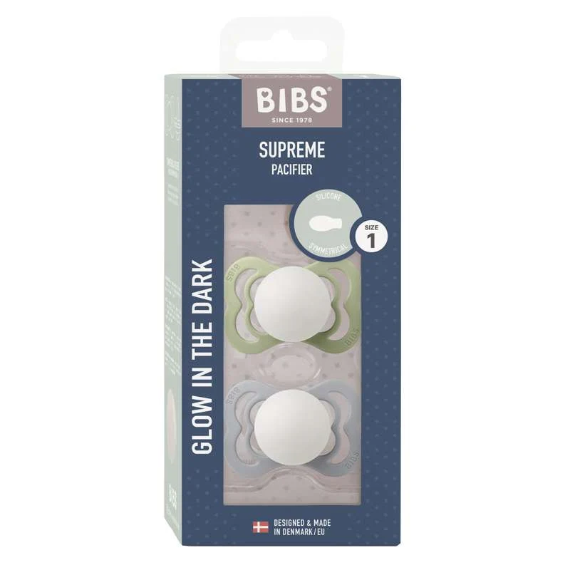 BIBS Symmetrisk Supreme Napp - 2-Pack - Str. 1 - Silikon - GLOW - Sage/Cloud