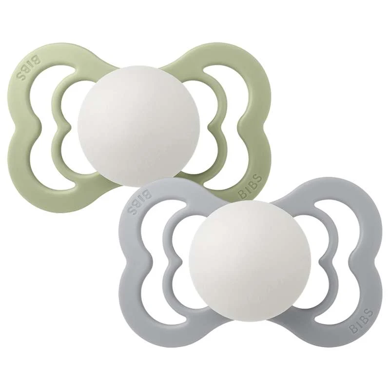 BIBS Symmetrical Supreme Pacifier - 2-Pack - Size 2 - Natural Rubber - GLOW - Sage/Cloud