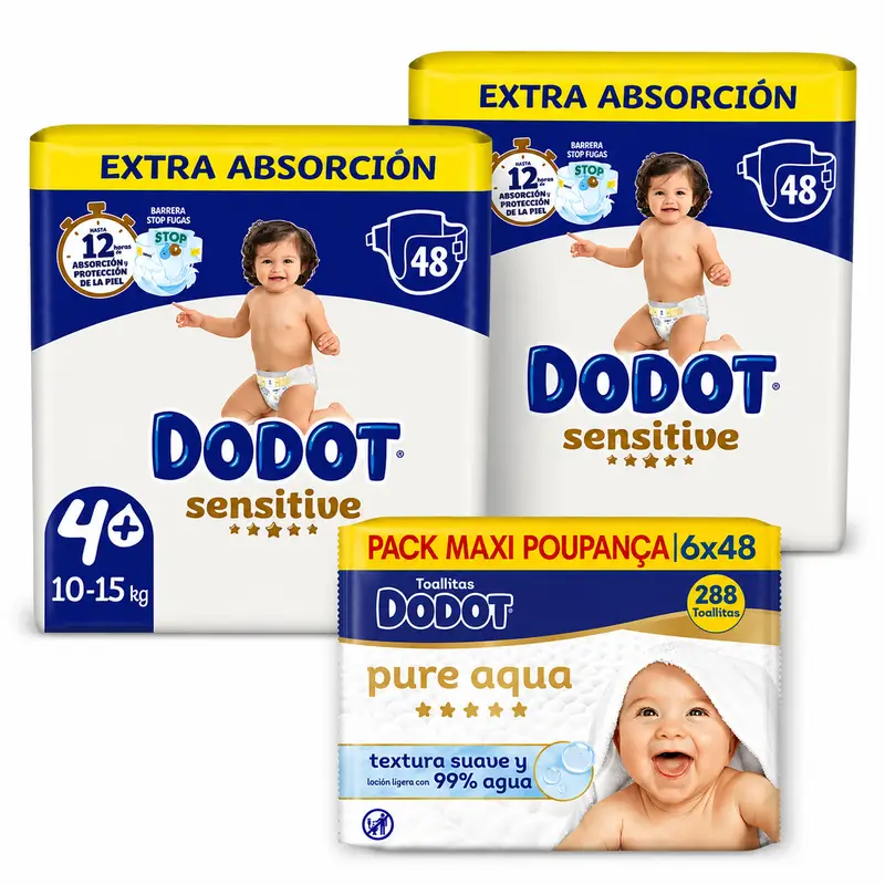 Dodot Sensitive Nappies Extra Absorbency 10-15 kg Size 4+, 96 pcs. + Dodot Pure Aqua 288 Wipes
