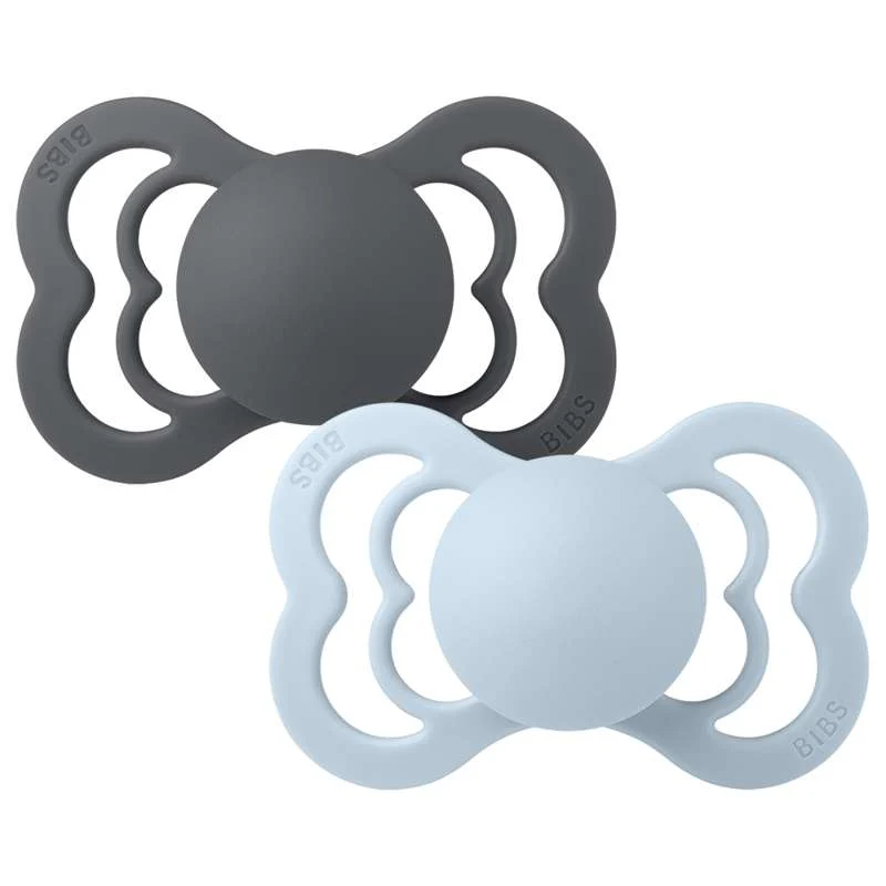 BIBS Symmetrical Supreme Pacifier - 2-Pack - Size 2 - Silicone - Iron/Baby Blue
