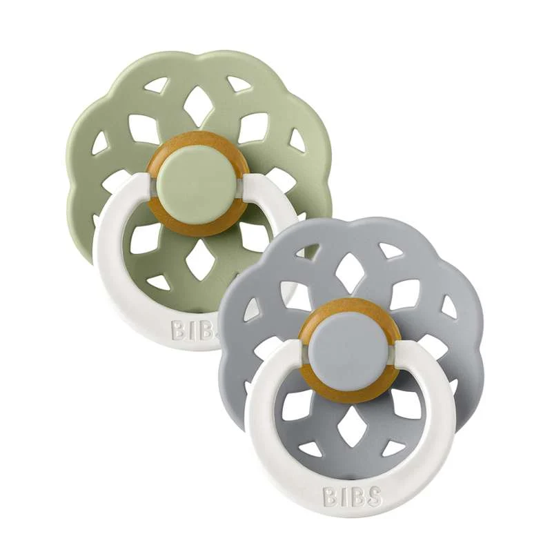 BIBS Round Boheme Pacifier - 2-Pack - Size 2 - Natural Rubber - GLOW - Sage/Cloud