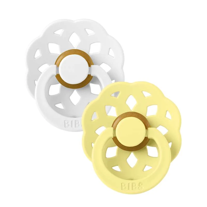 BIBS Round Boheme Pacifier - 2-Pack - Size 2 - Natural Rubber - White/Sunshine
