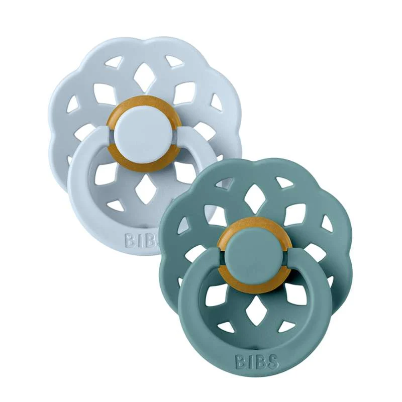 BIBS Round Boheme Pacifier - 2-Pack - Size 2 - Natural Rubber - Baby Blue/Island Sea
