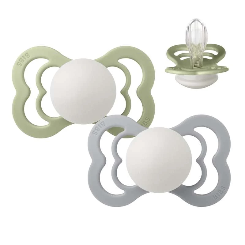 BIBS Symmetrical Supreme Pacifier - 2-Pack - Size 2 - Silicone - GLOW - Sage/Cloud