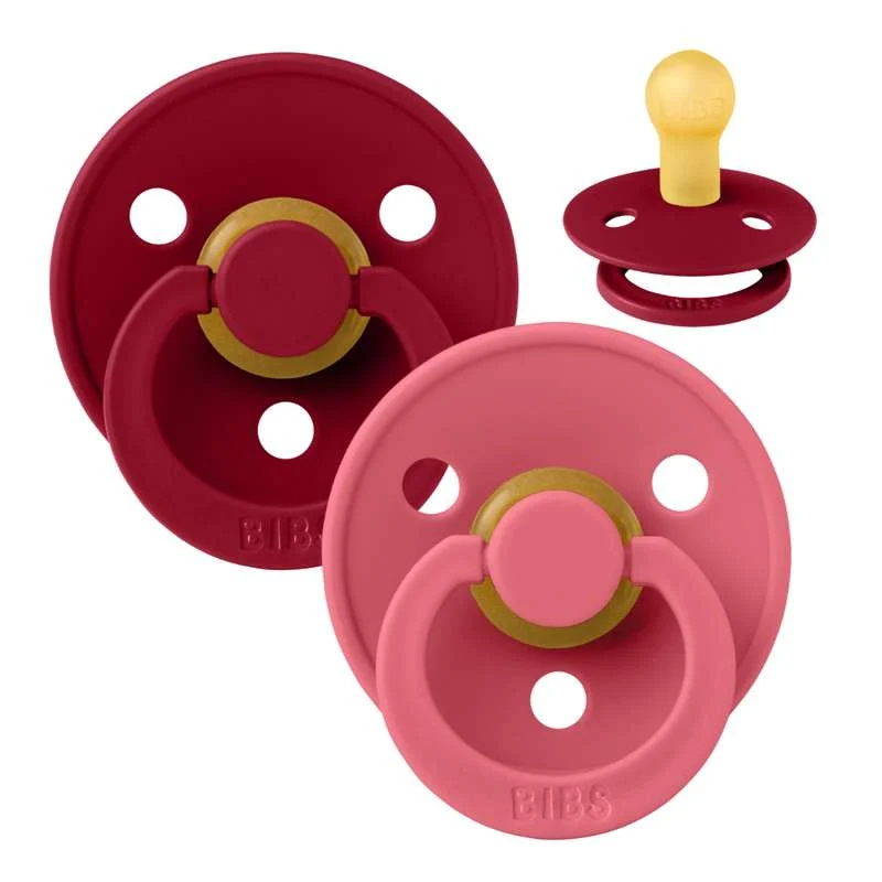 BIBS Round Colour Pacifier - 2-Pack - Str. 2 - Natural Rubber - Coral/Ruby