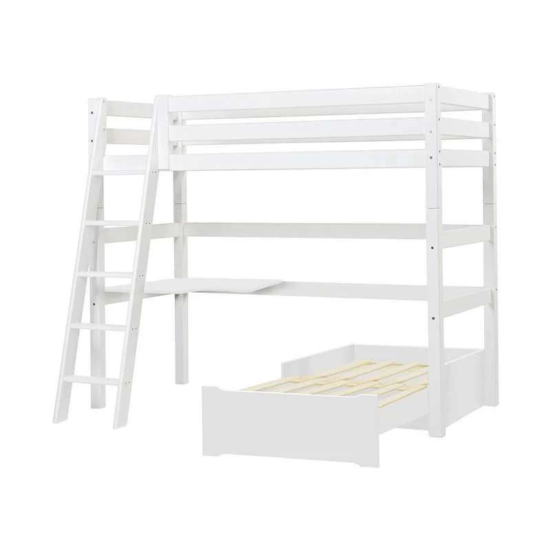 Hoppekids ECO Luxury - MEGA Säng m. Lounge Modul och Bordskiva - 90x200 cm. - Sned Stege - Vit