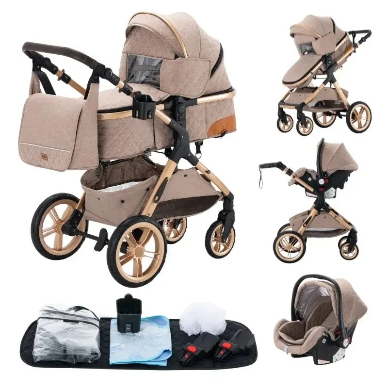 Lyxig Beige Barnvagn - Hög Kombivagn 3 set