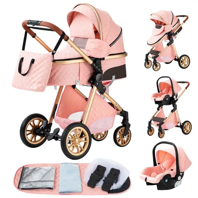 Lyxig Ljus Rosa Barnvagn - Hög Kombivagn 3 set