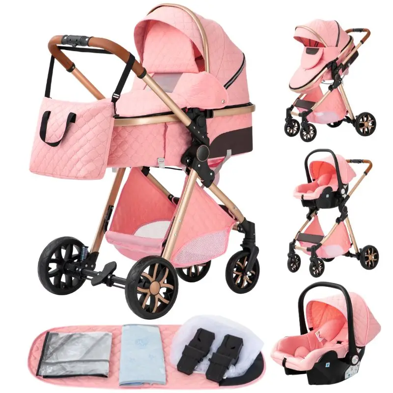 Lyxig Rosa Barnvagn - Hög Kombivagn 3 set