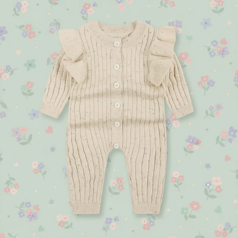 MiniAurora – Mjukt & elegant – Stickad babyoverall med änglavingar och hårband