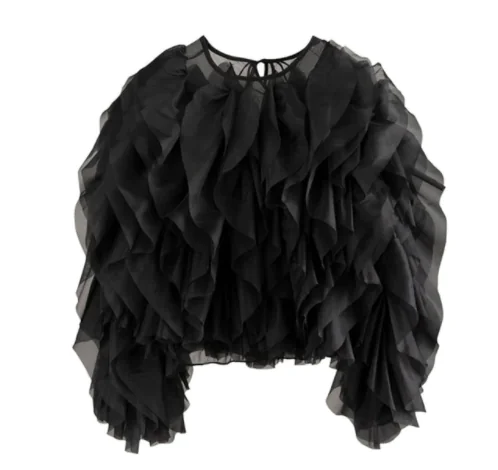 Elegant Blus med Volanger och Lager-på-Lager Meshdesign (One piece)