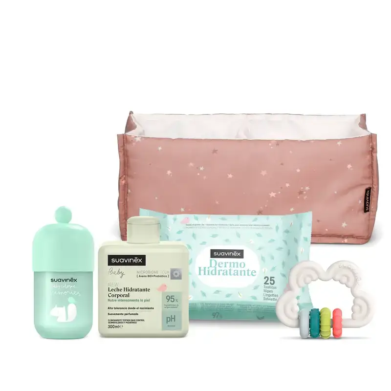 Suavinex Baby Gift Baby Milk 300 Ml + Baby Cologne Memories 100 Ml + Wipes + Teether, Pink