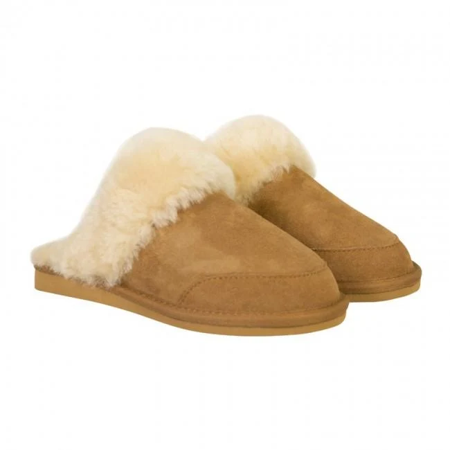 Hjemmesko/slippers i lammeskind/lammeuld, Cognac farvet, New Zealand Boots