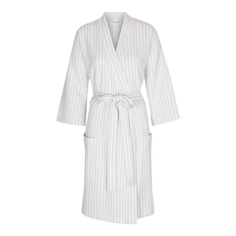 CarebyMe Kimono / badekåbe model Kathrine, 100% økologisk bomuld, lys grå / hvidstribet