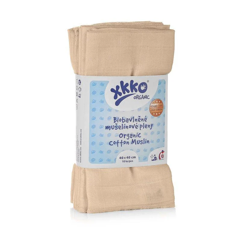 XKKO Tvättlapp i Ekologisk Bomull - Muslin - 40x40 cm - 10-pack - Natur