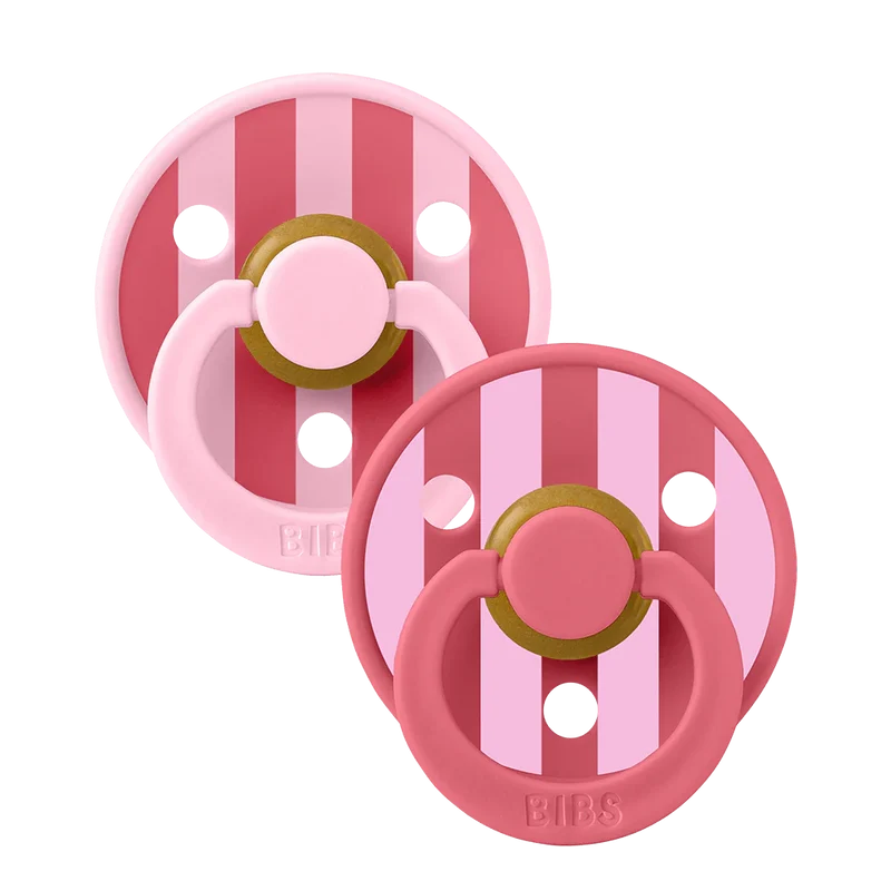 BIBS Studio Colour rund napp storlek 2, latex – Baby Pink/Coral (2-pack)