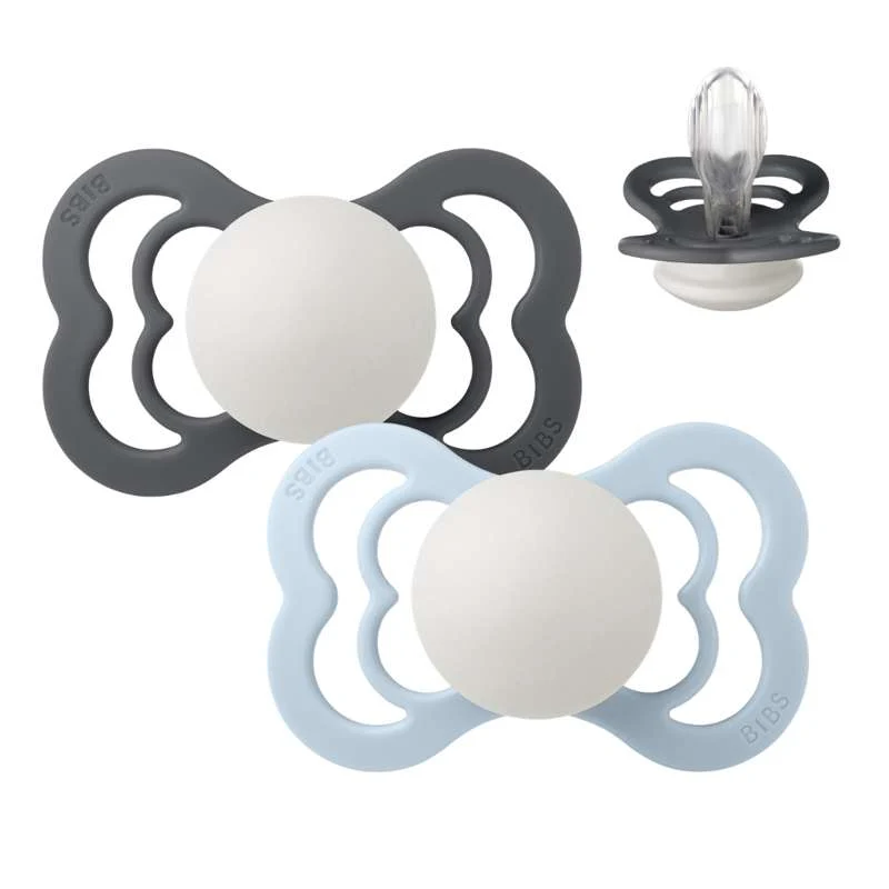 BIBS Symmetrisk Supreme-napp - 2-pack - strl. 2 - Silikon - GLOW - Iron/Baby Blue
