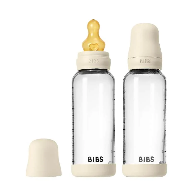 BIBS Bottle - Nappflaskset - Glas - 2-pack - Naturgummi/Medelflöde/Rund - 240ml - Ivory