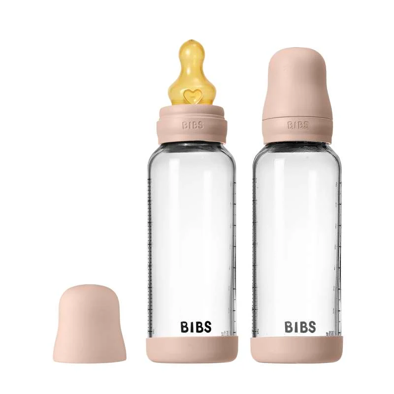 BIBS Bottle - Flaskset för nappflaskor - Glas - 2-pack - naturgummi/Slow Flow/Rund - 240ml - Blush