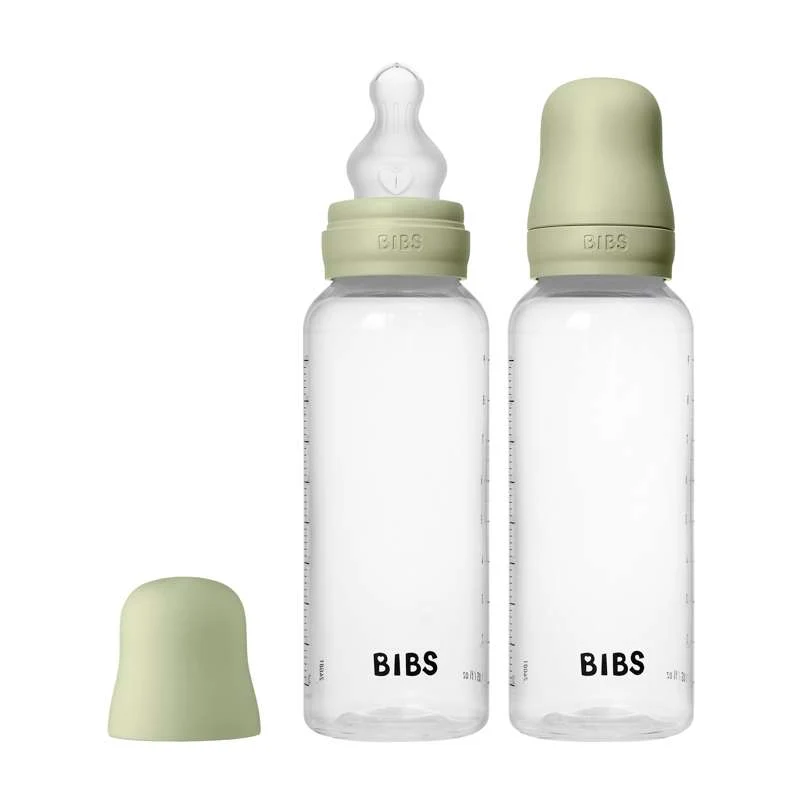 BIBS Bottle - Flaskset för nappflaskor - Plast - 2-pack - Silikon/Mediumflöde/Rund - 270ml - Sage