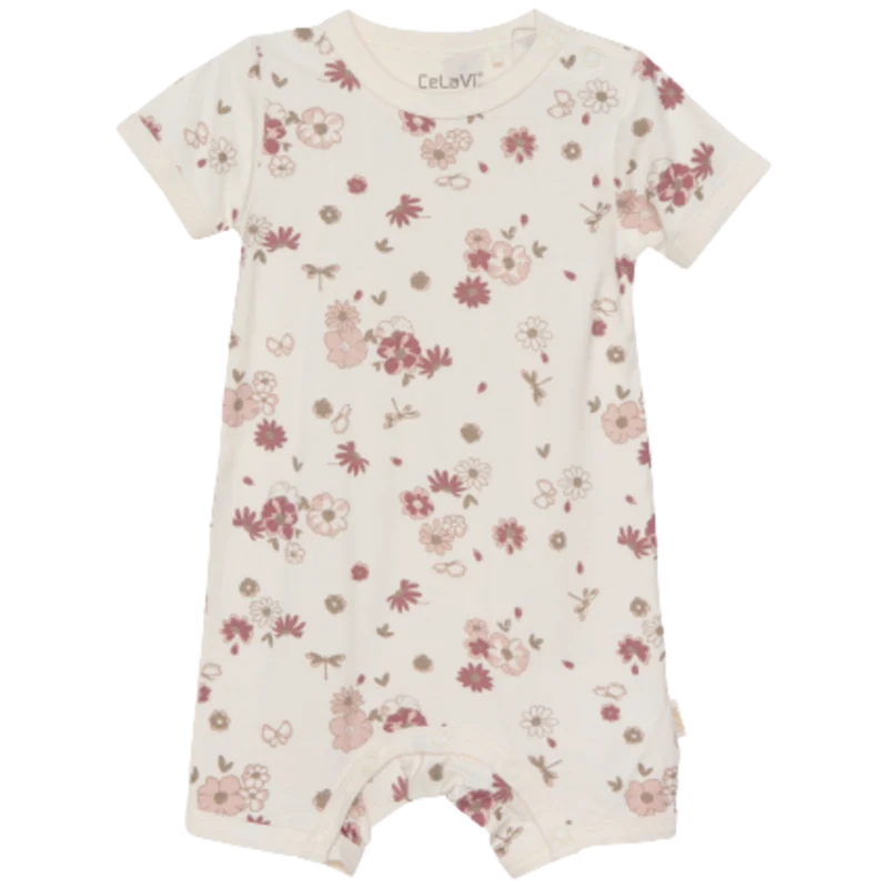Celavi Heldräkt med korta ärmar och ben - Blommor - Rose Cloud