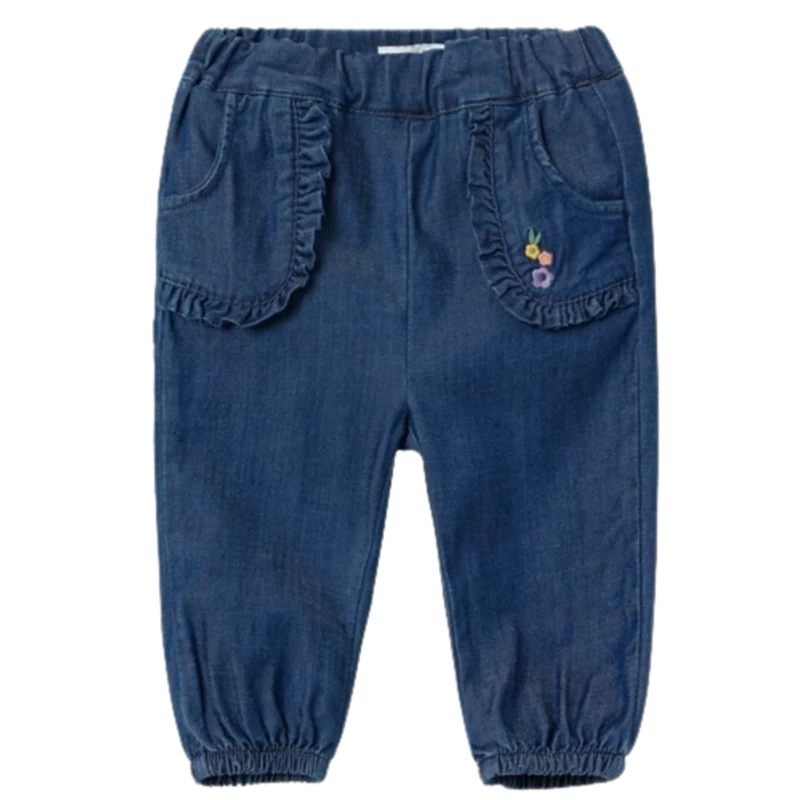 Namn mjuka baggy jeans med volanger/broderier - Bella - Dark Blue Denim